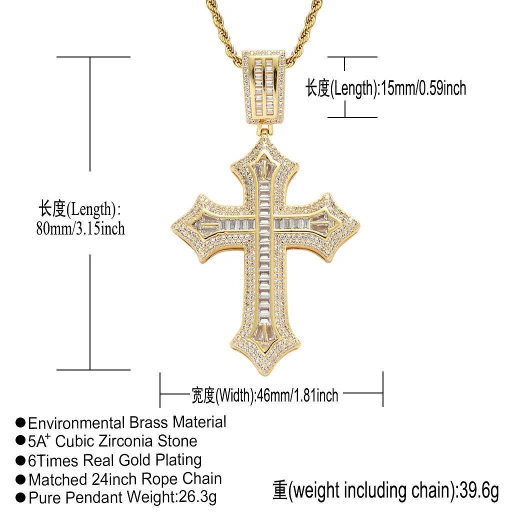 Vintage Long Lab Diamond Cross Pendant 14K Gold Party Wedding Pendants Necklace For Women Men Hiphop Jewelry Gift