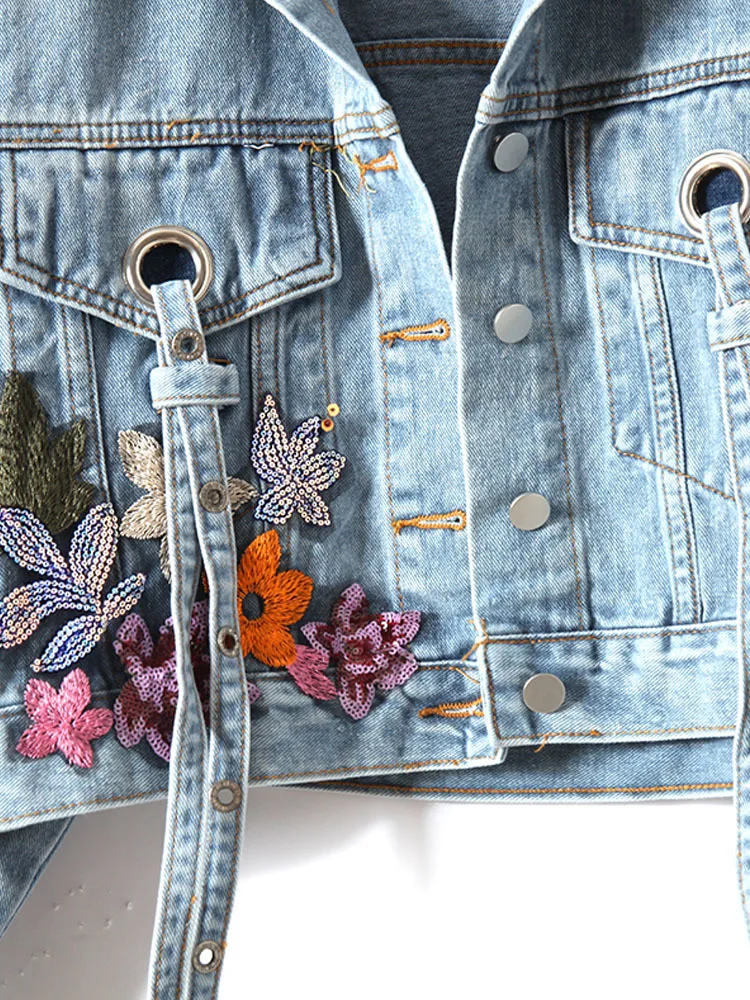 Sequin Flower Embroidered Denim Jacket Women\'s Autumn Slim And Versatile Jacket Women\'s Denim Jacket Traf 2024 Jeans Jacket