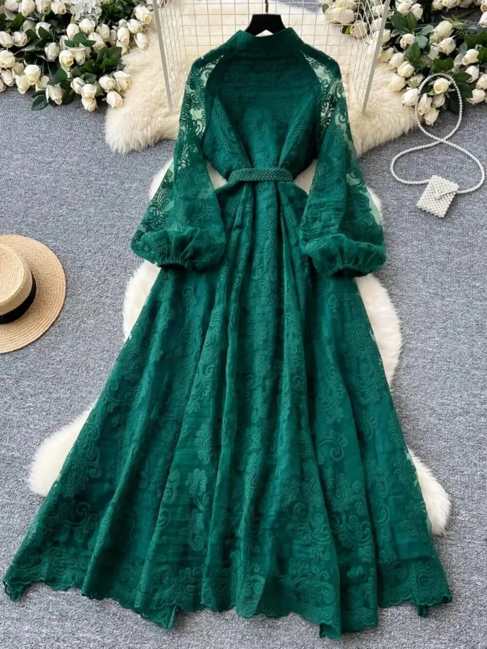 

Europe Elegant Stand Collar Single Breasted Robe Heavy Hollow Out Crochet Embroidery Lantern Dress Lace Up Slim New Mujer