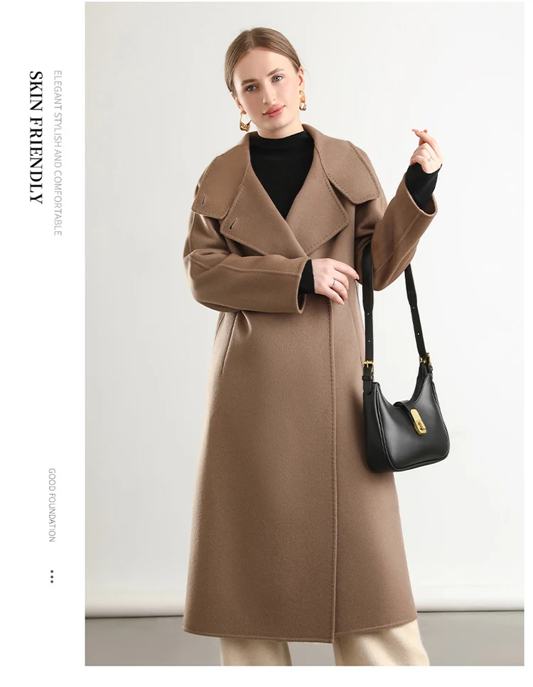 Pure Wool Trench Coat 100% Woolen Overcoat Dense Fabric New Women Turn-down Collar Handmade Long Coat Winter Jacket #20