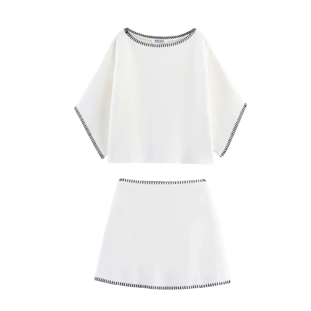 

KONDALA женский осенний элегантный короткий комплект с вышивкой в стиле пэчворк, топ с короткими рукавами, мини-юбка, мода 2025 года, весна-лето, шикарный комплект с юбкой