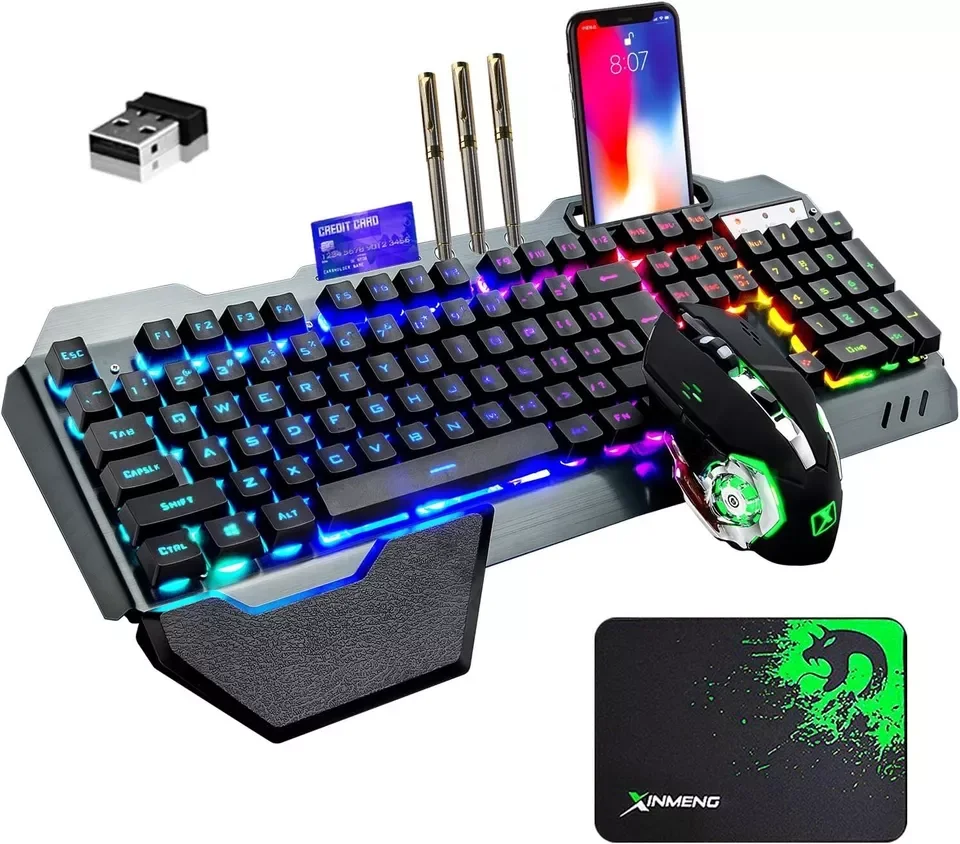 Draadloos gamingtoetsenbord en -muisset Oplaadbaar toetsenbord met regenboog-/RGB-achtergrondverlichting en 7-kleuren gamingmuis met pad