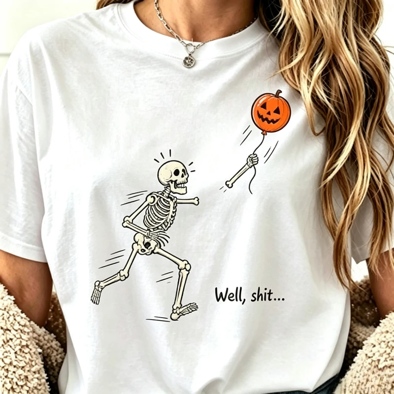 Vintage Funny Skeleton and Puppy Bone Balloon Graphic T Shirt Unisex Crew Neck Short Sleeve Tee Halloween Humor Casual Cotton