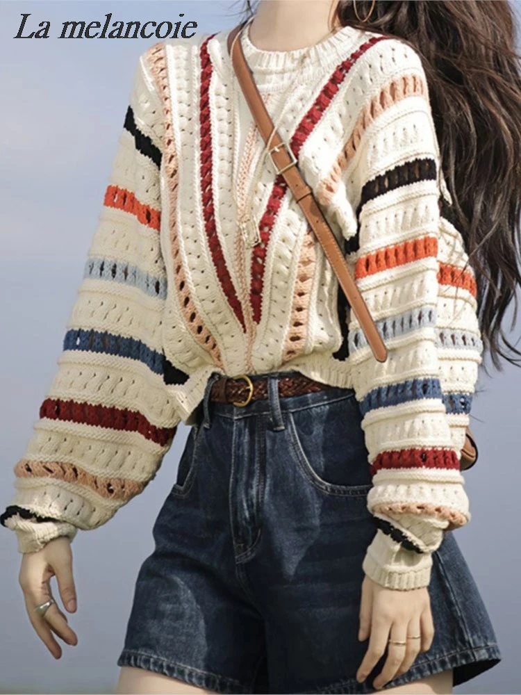 

Knitted Pullover Sweater For Women Fashion Rainbow Stripe Hollow Casual Loose O-Neck Sweaters Chic Female 2024 New Autumn Winter