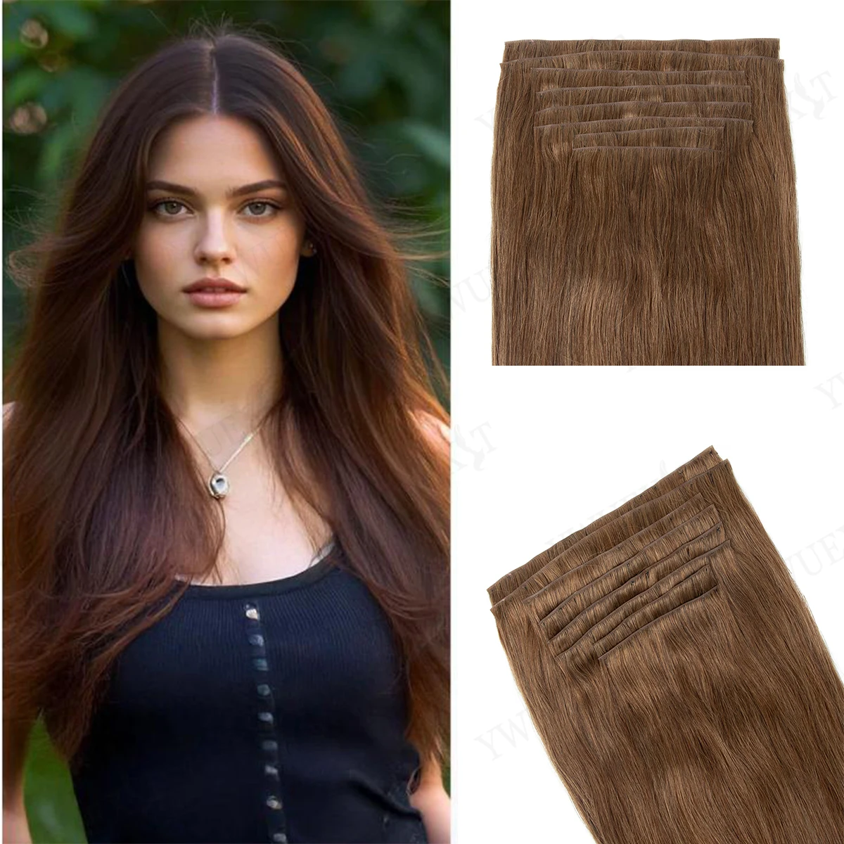 Invisible Clip in Hair Extensions 100% Human Hair 7pcs Set Seamless PU Tape Weft Dark Brown Clip in Hair Extensions for Women