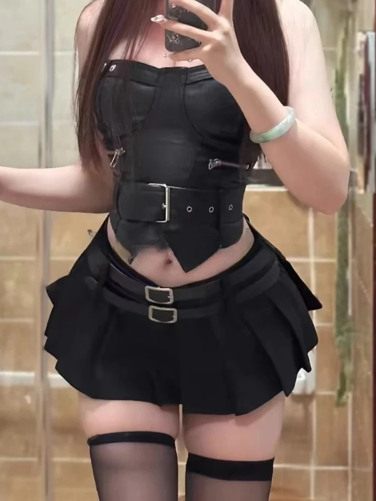 

Sweet Y2k New 2 Piece Set Women Design Sexy Vintage Skirt Suit Female Korean Sleeveless Leather Top + Slim High Waist Mini Skirt