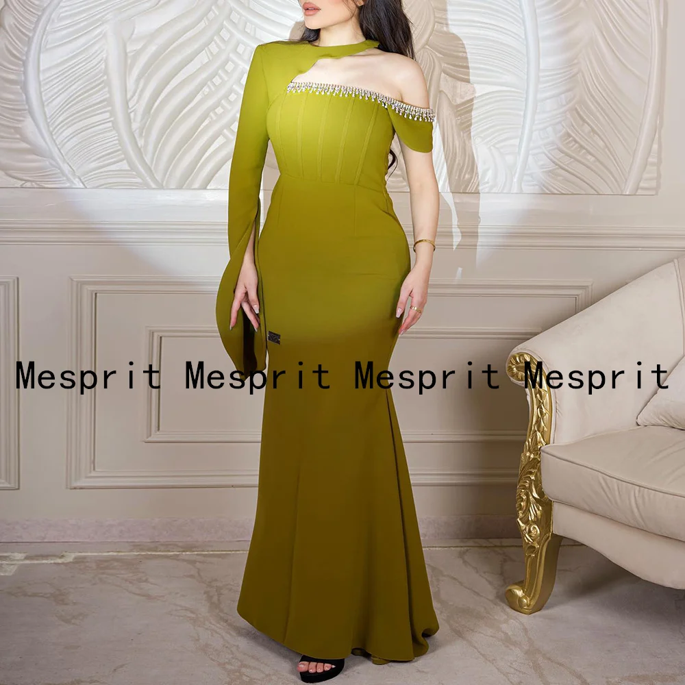 

Sexy Mermaid Evening Gown Asymmetrical Neck Beading Stones Floor Length Trumpet Woman Prom Dress Saudi Arab Party Dresses