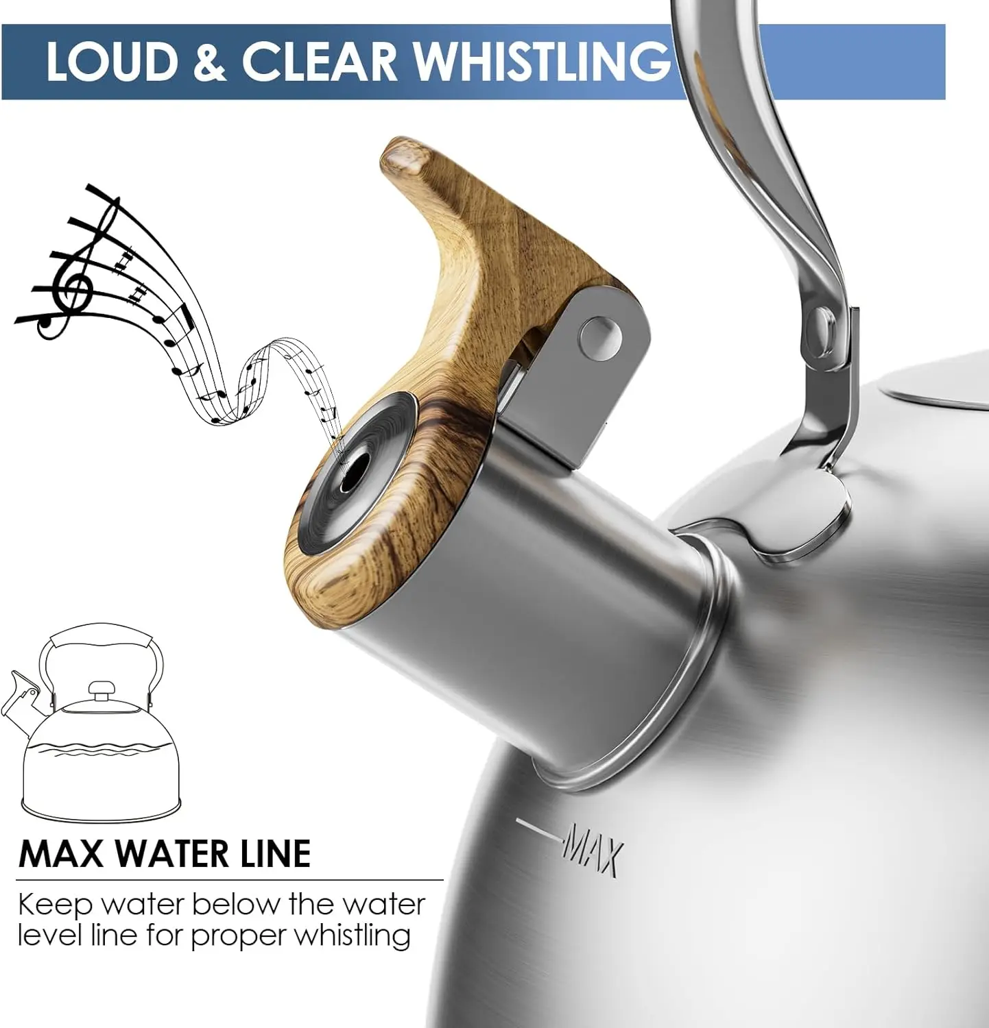 コンロ用ティーケトル、2.6クォートの笛吹きティーケトル、食品グレードのステンレス製ティーポット、木目模様付き