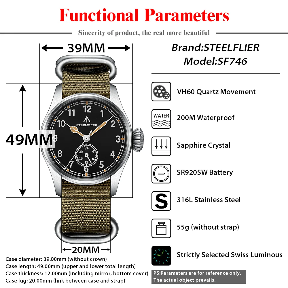 STEELFLIER SF746 Luxury Pilot Big Onion Crown Sapphire Crystal Swiss Luminous 200M Waterproof VH60 Quartz Movement Dive Watch