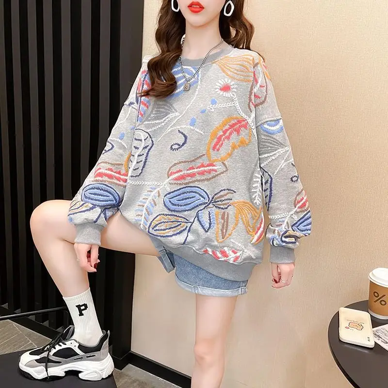 Fashion O-Neck Loose Casual Printed Sweatshirts Female Clothing 2024 Spring New Oversized All-match Tops Korean Sweatshirts