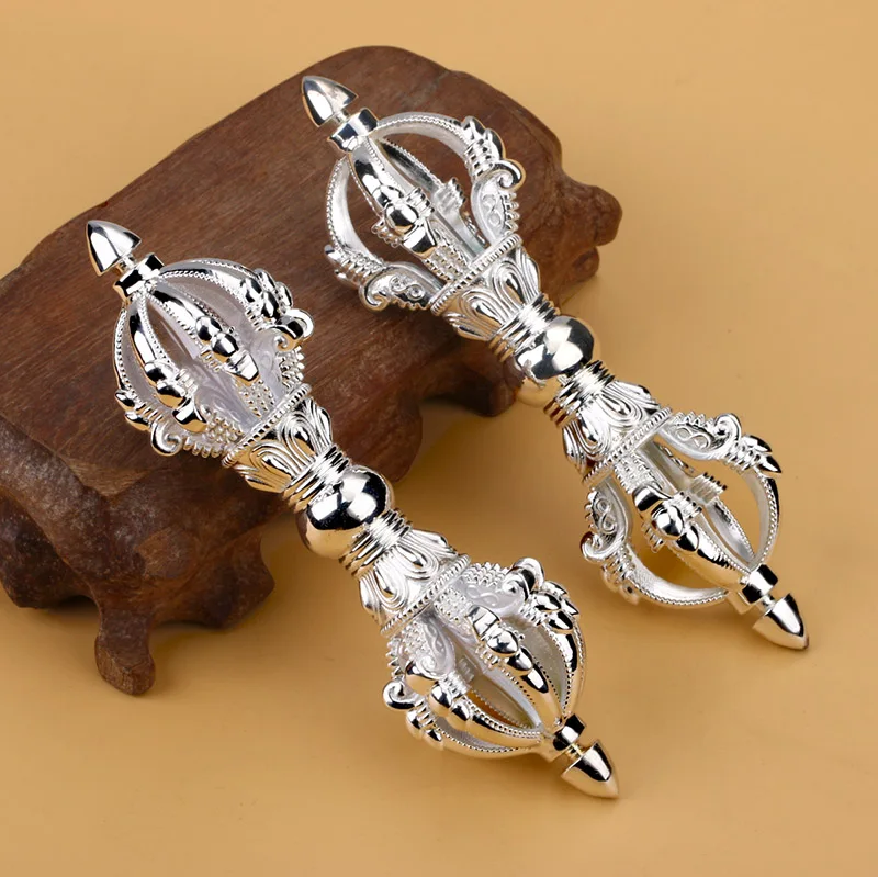 Silver Five and Nine Prong Vajra Buddhist Ritual Objects Handcrafted Altar Display Collectibles, Traditional Ritual Accessory