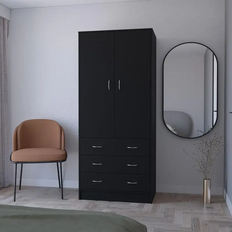 Prescott Armoire, 2 Doors, 3 Drawers, 1 Hanging Rod, Black Storage Cabinet