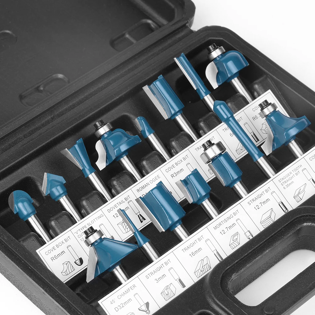 Router Bit Set para Carpintaria, Corte Borda, Fresagem Rosto Reto, Cortador de Madeira, CNC, Tungstênio, Cortador Sólido, 1/4 Shank, 15Pcs