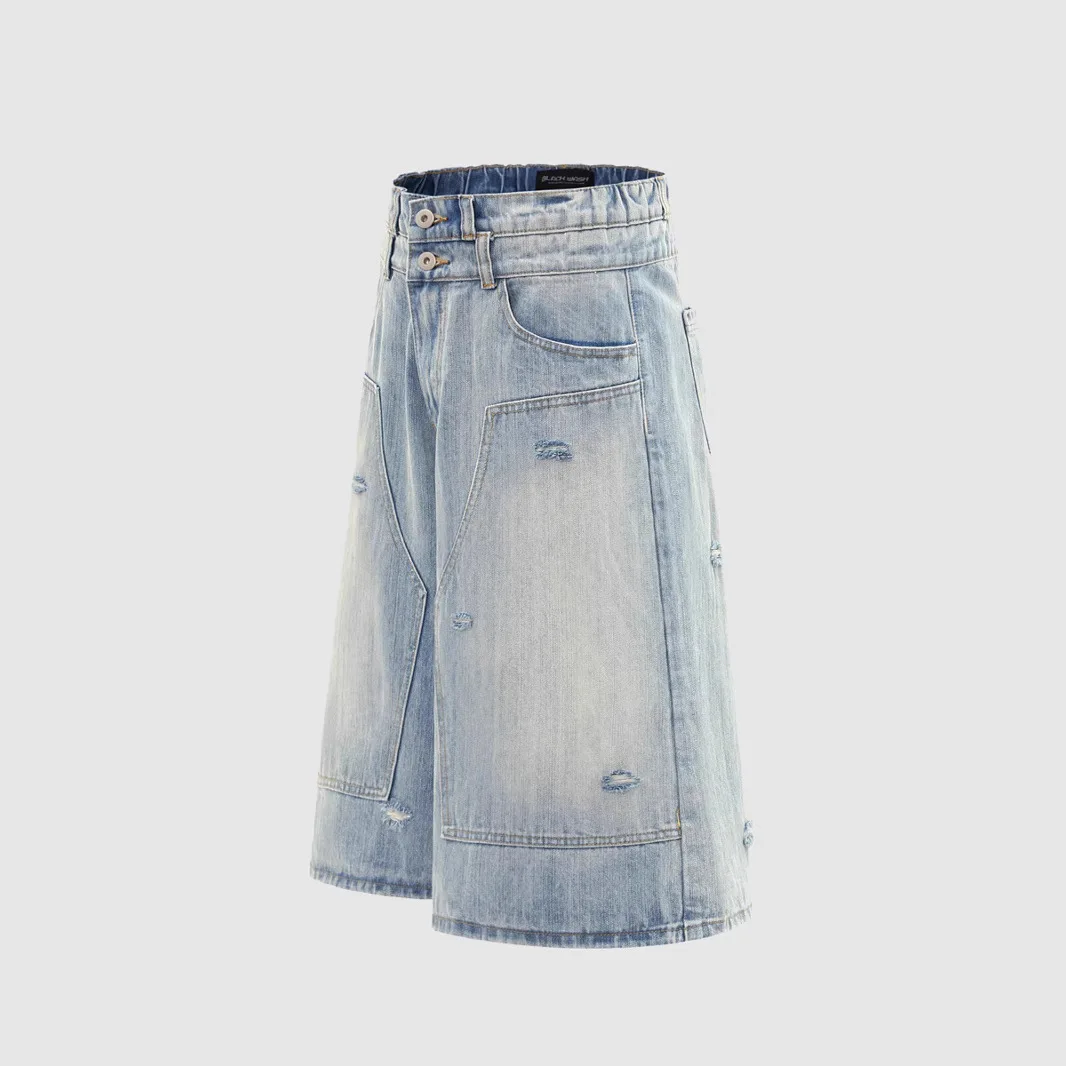 Zomer Amerikaanse gewassen matchetbroek Denim shorts Gedeconstrueerd ontwerp Distressed losse wijde pijpen bijgesneden