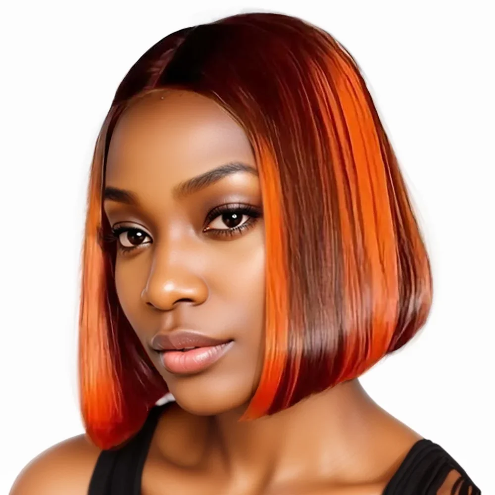 

4/350 Highlight Straight Short Bob Wigs Brazilian Ginger Orange Brown Piano Colored 13x4 Lace Frontal Wigs Human Hair PrePlucked