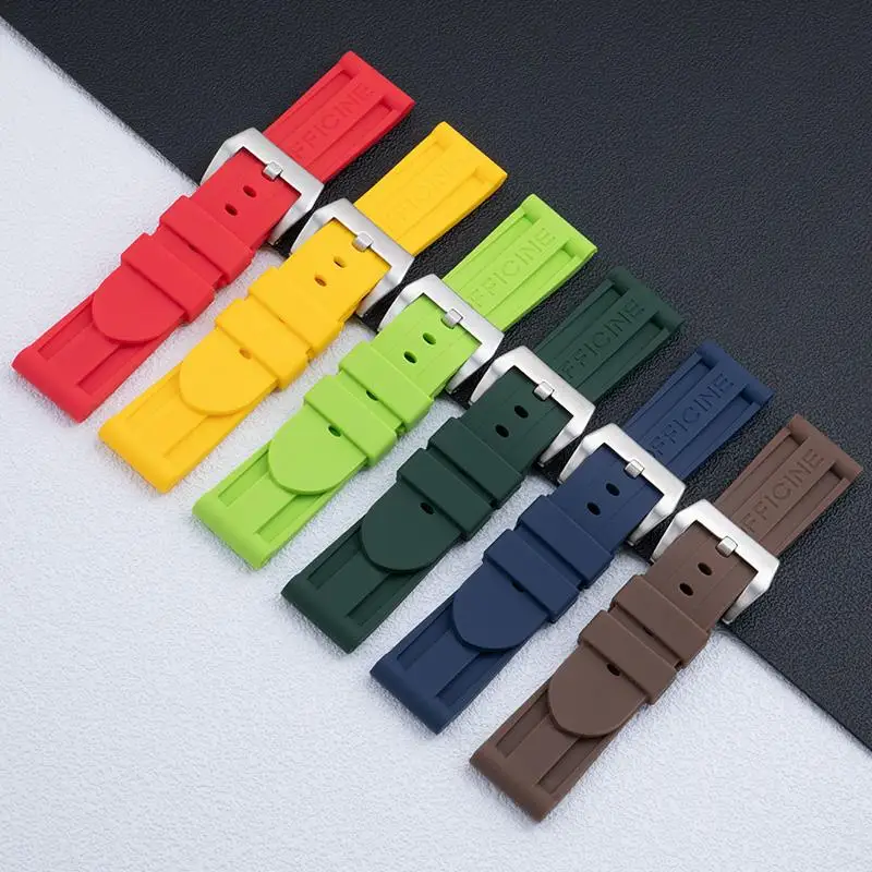 

HAODEE 24mm Green Blue Red Brown Waterproof Soft Silicone Wathcband For Panerai Strap For PAM441 111 Bracelet With Stainless