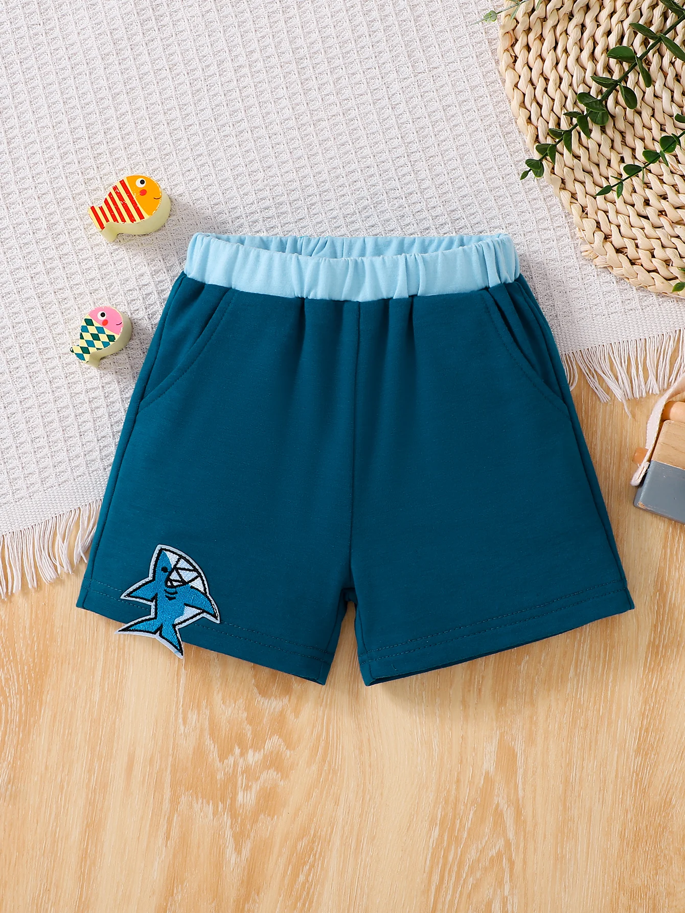 Summer Boys' Animal Embroidery Casual Shorts Baby Color Block Waist Loose Breathable Versatile Sports Pants