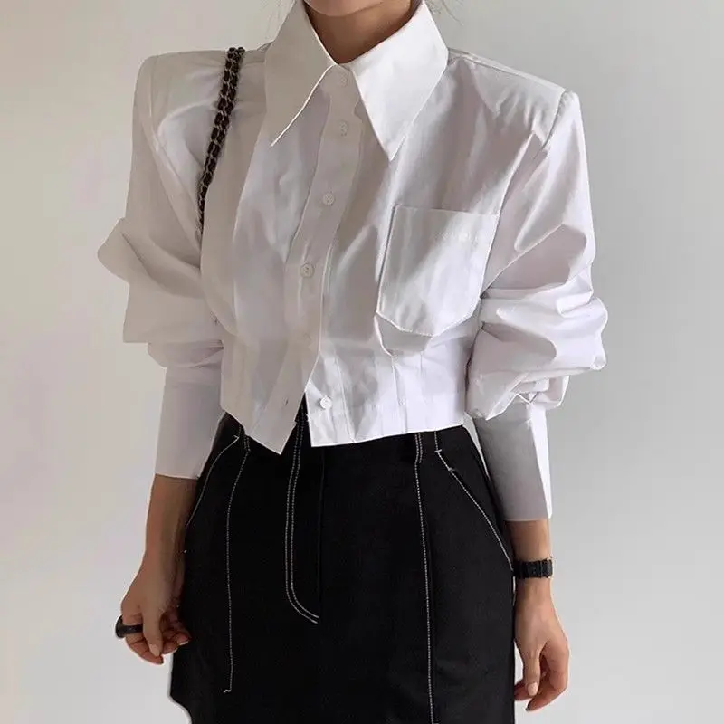 Spring Autumn New Fashion Turn-down Collar Long Sleeve Solid Color Blouses Women\'s Clothing Back Hollow Out Korean Trend Shirts