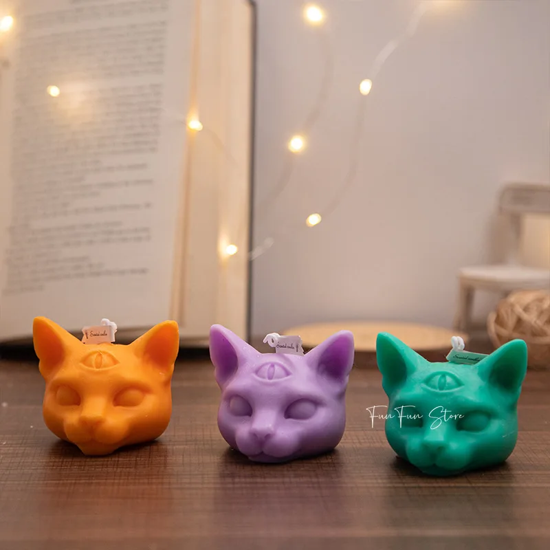 Three Eyes Cat Head Silicone Candle Mold 3D Animal Soap Plaster Resin Decorative Crafts Making Kit DIY Chocolate Ice Baking Kit