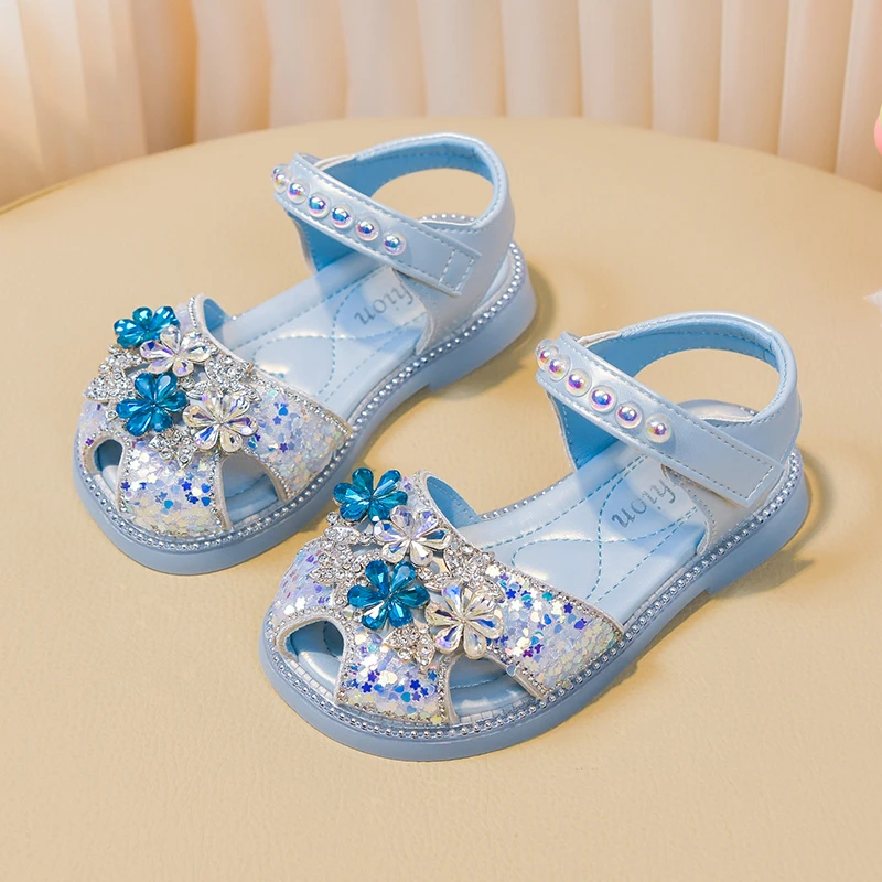 *Summer New Round Toe Elegant and Comfortable Princess Flat Sandals Fashionable Hot Selling Rhinestone Girls Casual Sandals