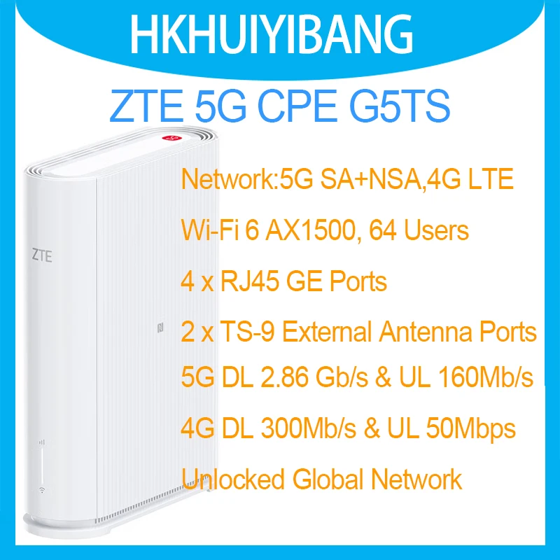 Unlocked ZTE 5G Indoor CPE G5TS Gigabit Network Dual Bands Wi-Fi 6 AX1500 5G NR SA+NSA 4G LTE Router With Sim Slot