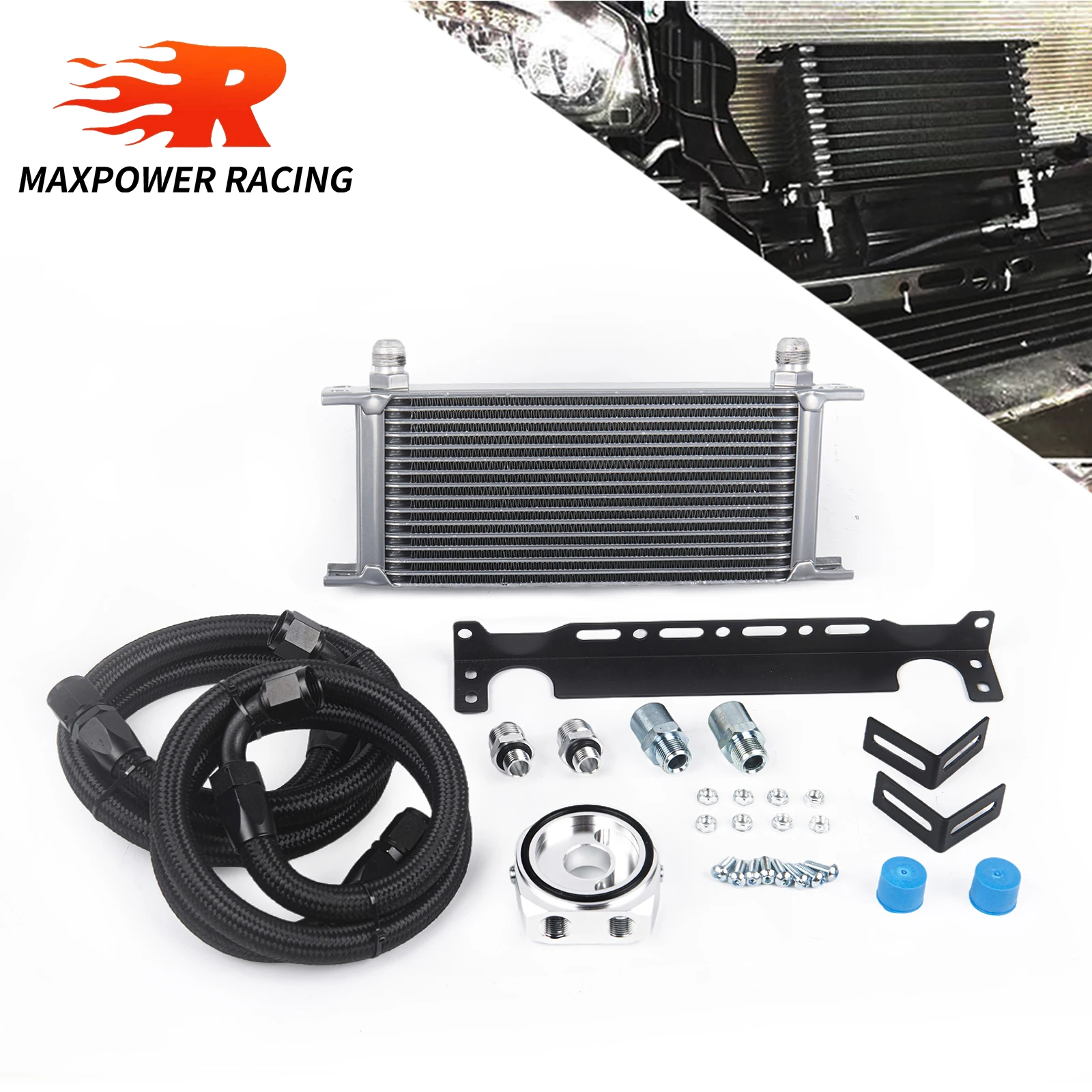 

Silver 16 Rows Oil Cooler Kit+Black/Silver Oil Filter Sandwich Adapter+Nylon Steel Braided AN10 Hose+Mounting Bracket