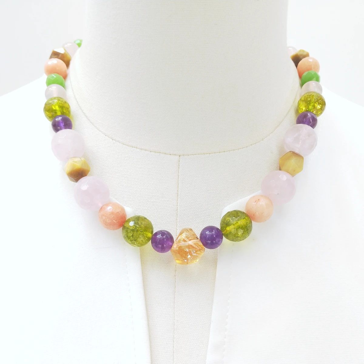 Lii Ji Mutil Color Real Stone Rose Quartz Amethyst Tigers eye Crystal Necklace 50cm Stock Sale Women Jewelry Gift