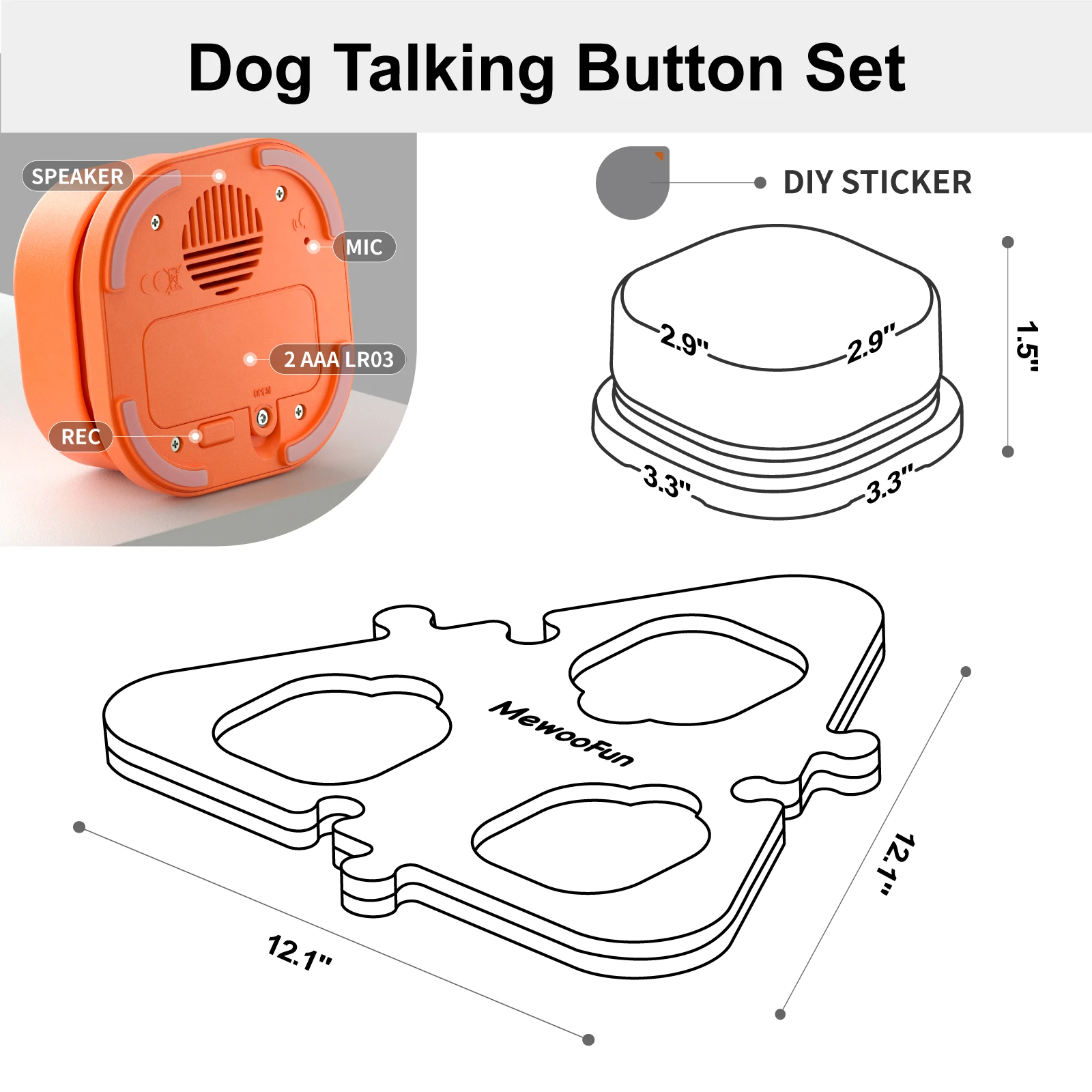 Mewoofun-Dog Botões para Comunicação Starter Pack, Botões Falantes com Esteira para Cães e Gatos, Pet Sound Training Toy