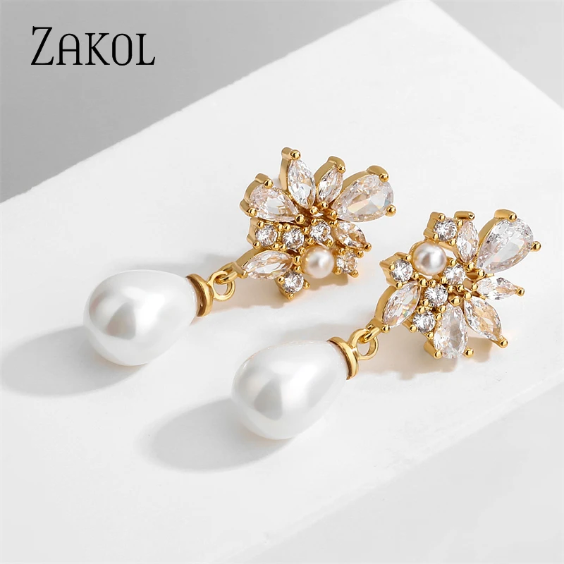 ZAKOL Fashion Green Cubic Zirconia Leaf Earrings for Women Elegant Imitation Pearl Girls Ear Party Wedding Jewelry Accessories