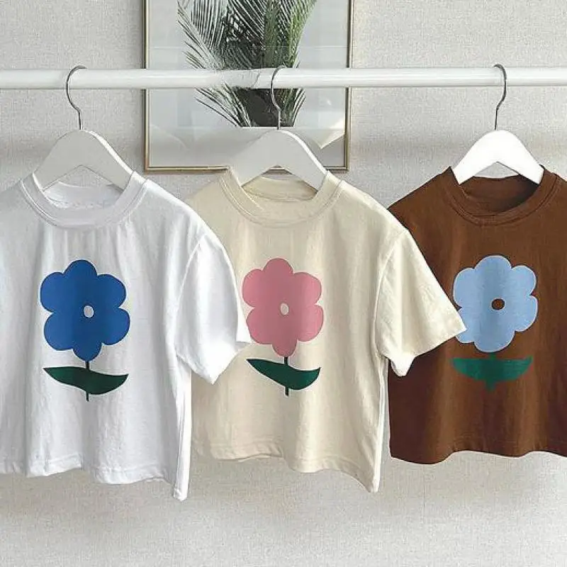 

2026 Summer New Fashion Flower Print Girls Short Sleeve T Shirts Children Casual Tops Cute Baby Girl Cotton Tee Kids T Shirt