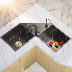 Shape Stainless Steel Kitchen Sink Household Corner Black L-shaped Washibasin Hand Washing Bowl Pool Multifunctional Sink