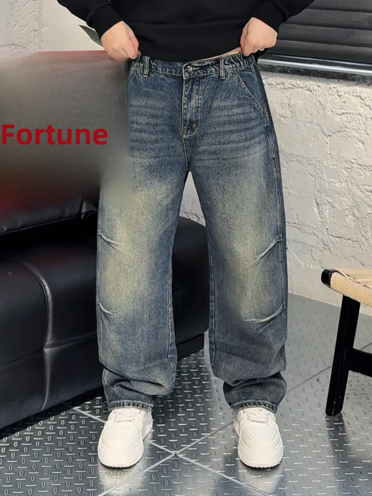 

Retro American Pure Color Waed Men's Pleated Jeans Winter New Faion Versatile Casual Pants Straight Leg mid Waist Zipper