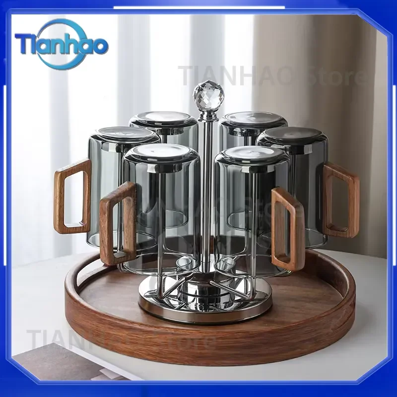 Premium Tea Cup Set with Infuser for Heatproof Glass Cups for Office Modern Tea Drinking Set with Wooden Tray Dishwasher Safe