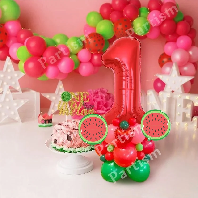 31pcs Watermelon Balloons Tower 32inch Red Number Balloon for Kids Summer Watermelon Happy Birthday Party Decoration Supplies