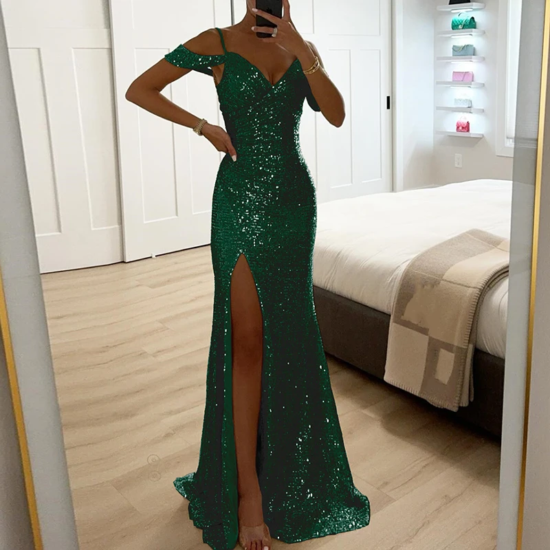 Ladies Fashion V Neck Shiny Sequin Party Dress Elegant Wrap Chest Slim Long Dress 2024 Casual Solid Color Split Evening Dresses