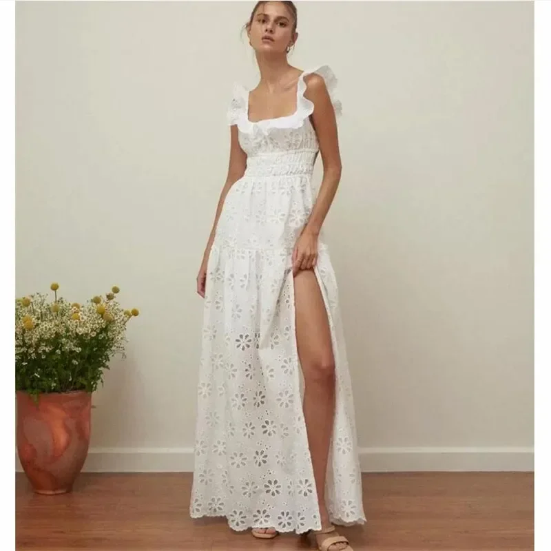 Fairy White High Split Boho Beach Party Dress Summer 2025 New Fashion Backless Holiday Dress Flying Sleeve Beach Photo Dress