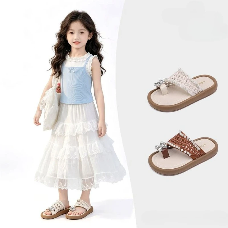 

Summer Children Fashion Beach Slippers Toddler Ethnic Style Kids Woven Slide Sandals Breathable Non-slip Girls Clip-toe Slippers