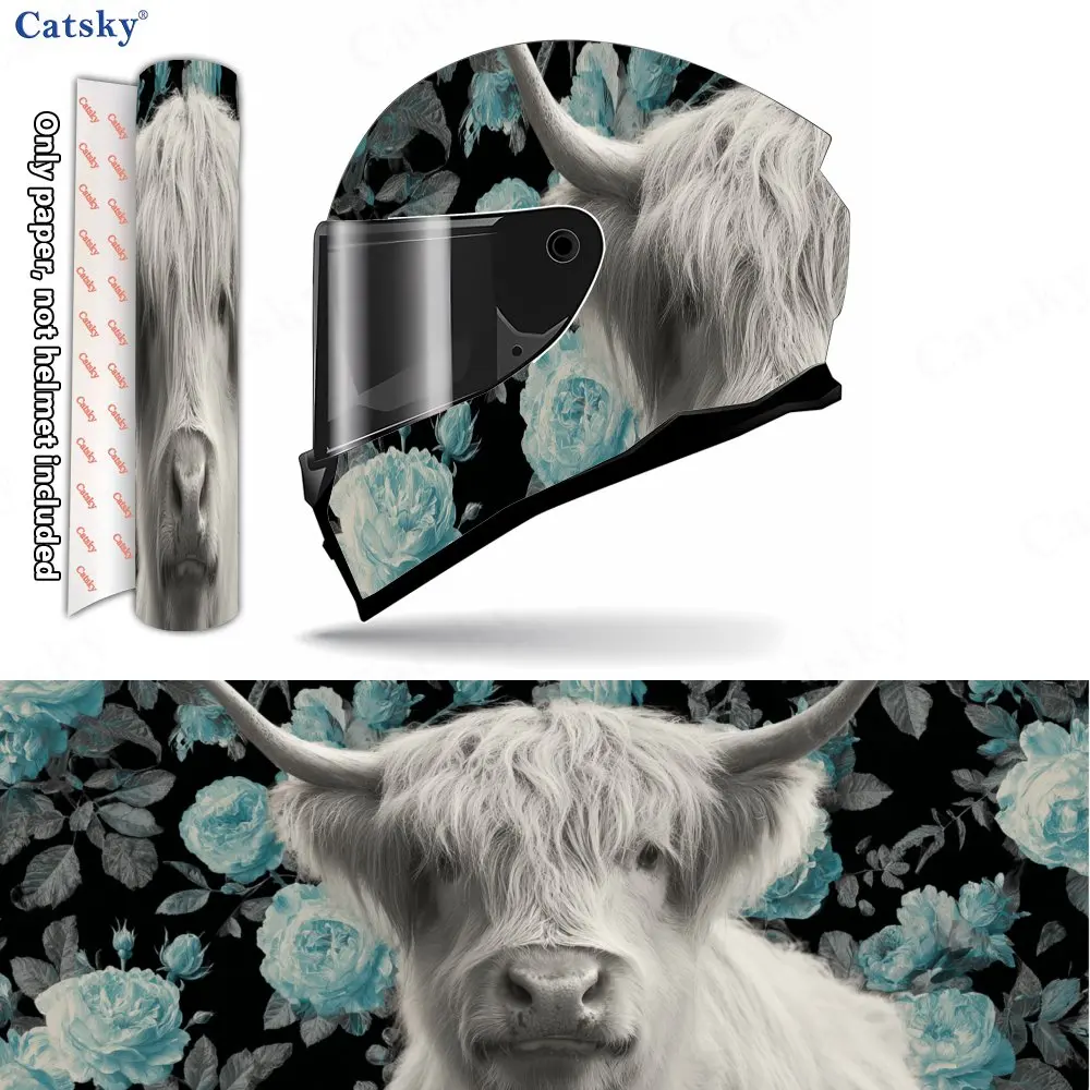 

Blue Flower Highland Cow Retro Art Helmet Vinyl Wraps, Waterproof Scratch-Resistant Full Face Helmet Decals, Durable PVC Decorat