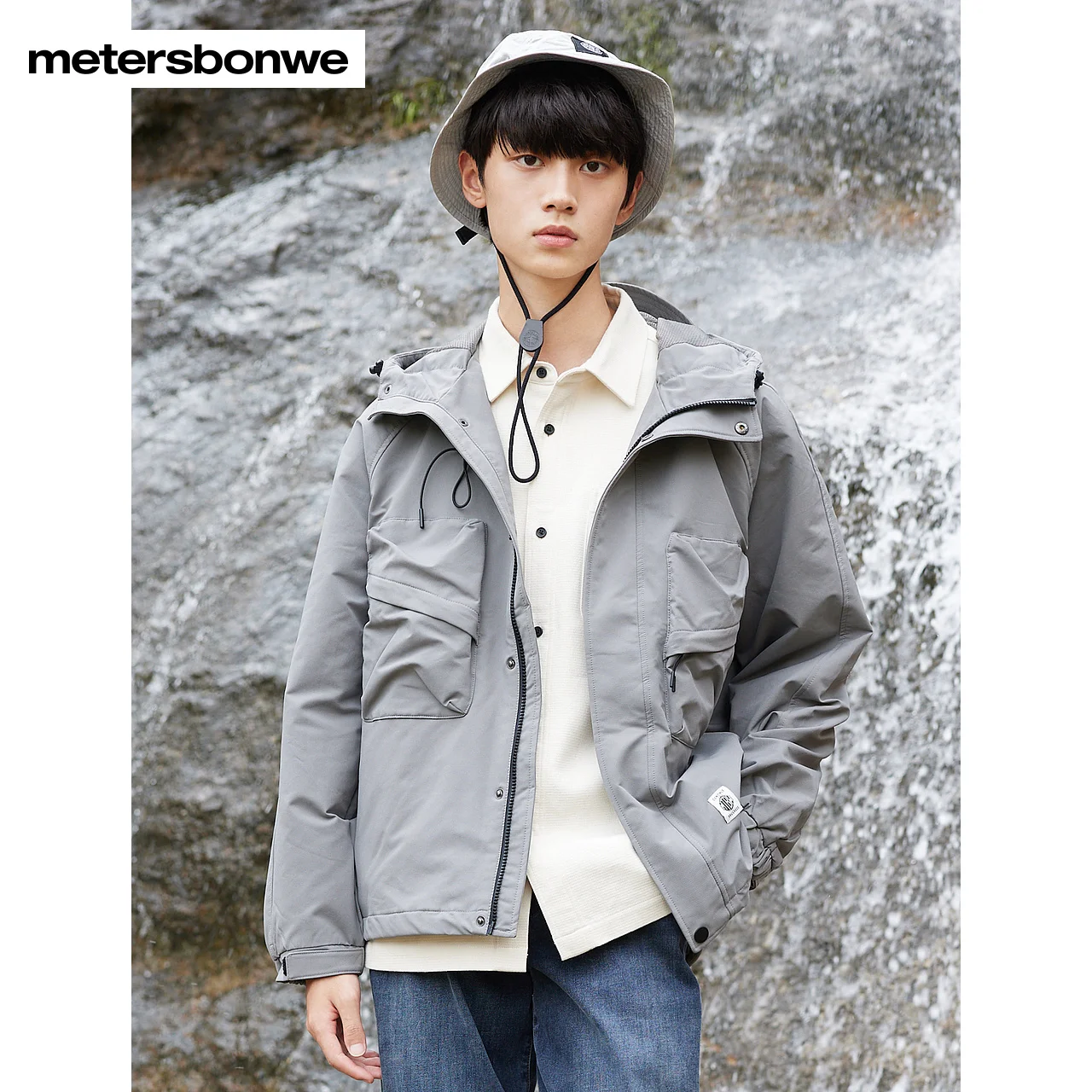 Metersbonwe-Men's Trendy Hood Jacket 3D Chest Pockets Classic Drawstring Hooded  Outdoor Casual Windproof Spring Autumn