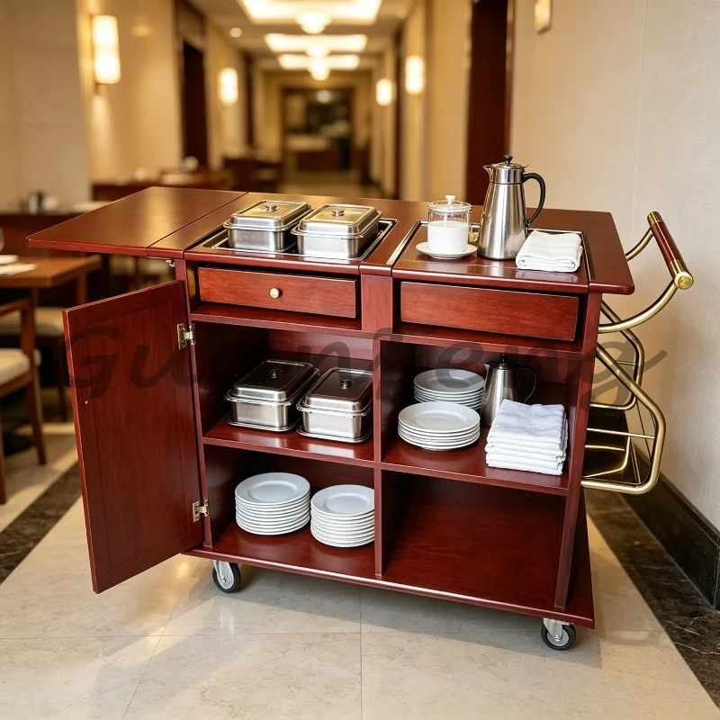 Hand‑Push Mobile Cassette Stove Cooking Cart, Luxury Live‑Heating Food Trolley for Hotel Banquet Table‑Side Service