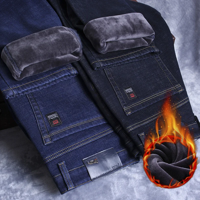 High Quality Winter Warm Fleece Men's Jeans Stretch Solid Color Business Denim Pants Work Straight Trousers Male Plus Size 28-40