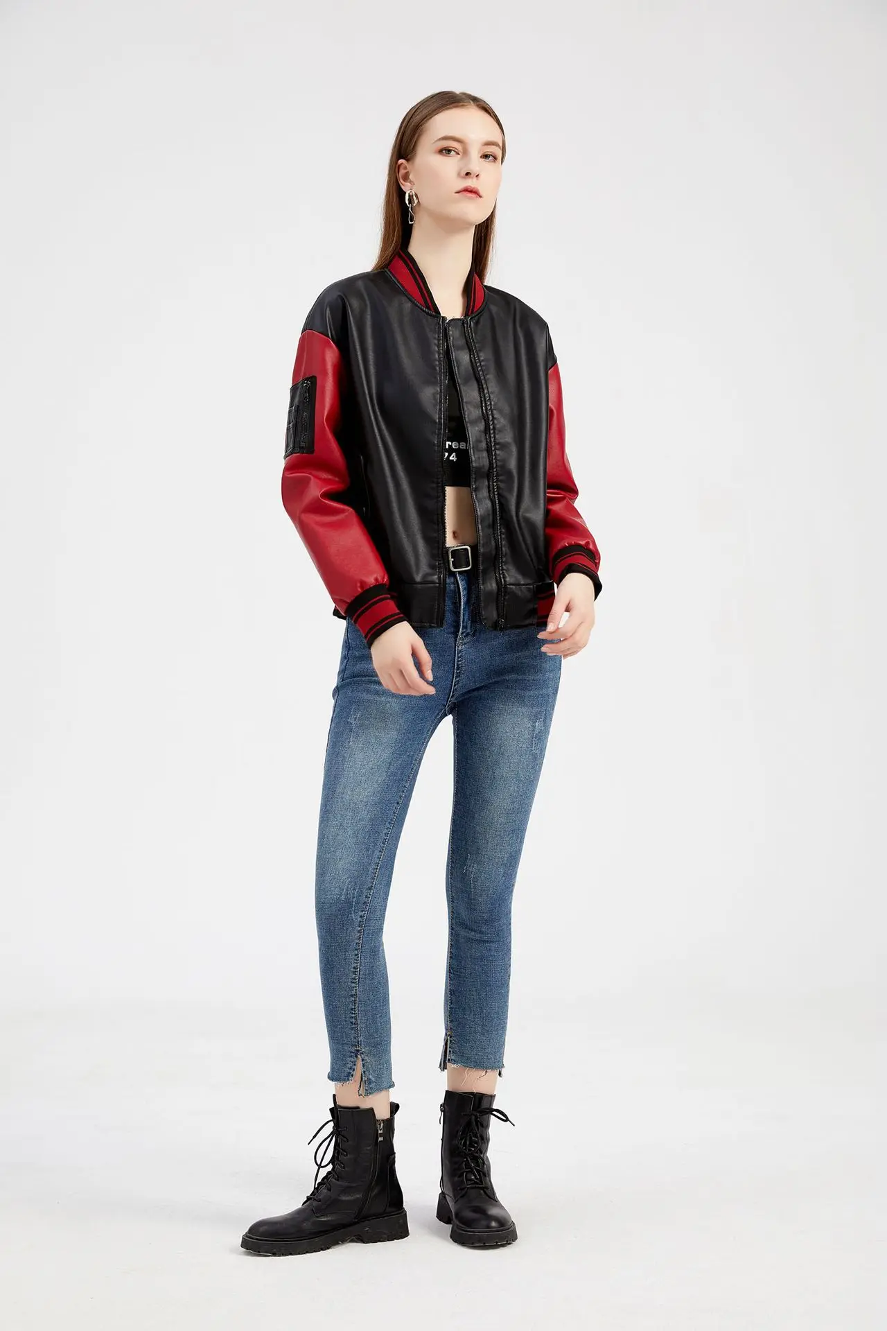 Blouson en cuir PU femme, streetwear décontracté, à la mode, patchwork de baseball, couleur, vente en gros