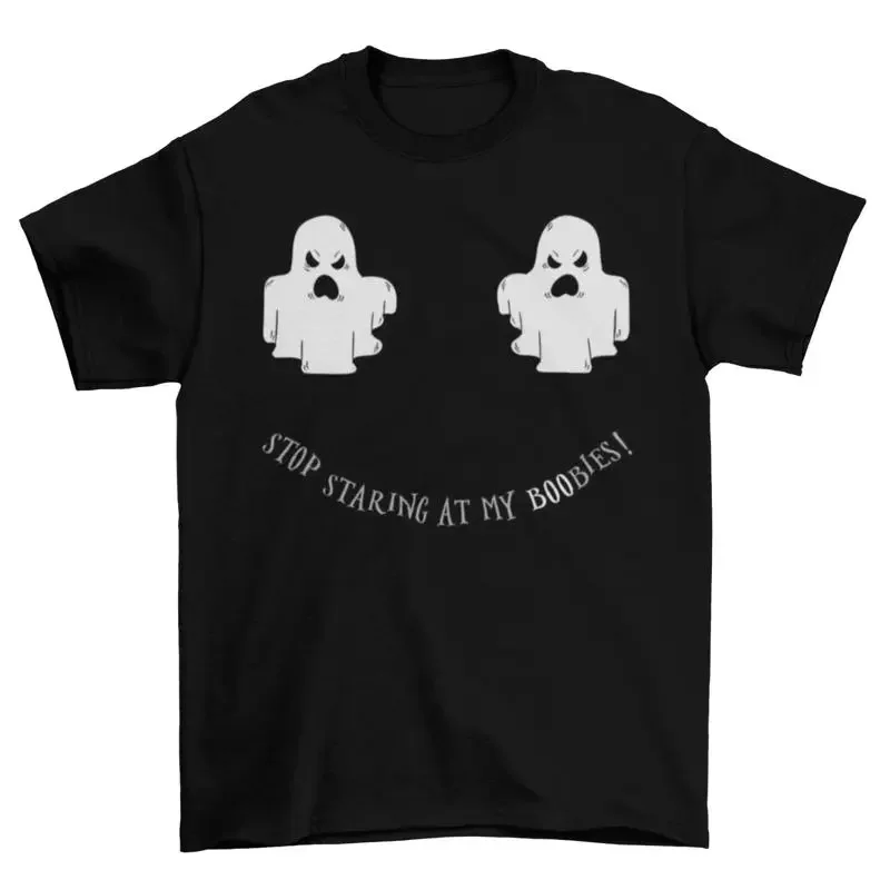 Stop Staring At My Boobies T Shirt Funny Ghost Adult Halloween Sizes New