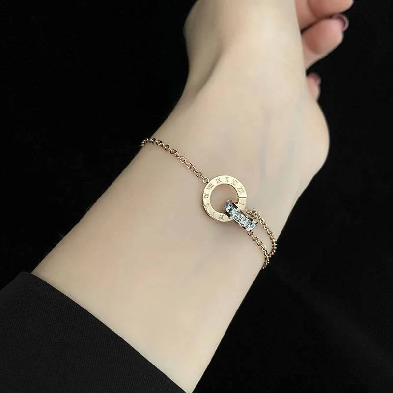 

Classic Lucky Roman Numerals Fashion Double Ring Shiny Zircon Colorfast Stainless Steel Adjustable Women's Bracelet Jewelry Gift