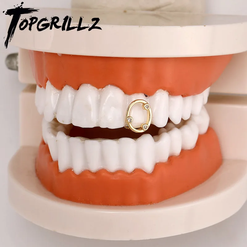 TOPGRILLZ Vintage Classic Single Iced Out Zircon Charm Hollow Y2K Teeth Grillz Hip Hop CZ Stone Tooth Caps For Mouth Jewelry