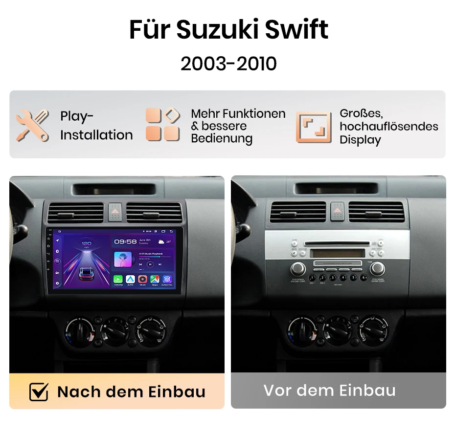 Junsun Android 15 Autoradio für Suzuki Swift 2006-2010, kabellos für Apple CarPlay, Auto-IPS-Touchscreen, Stereo-Multimedia-Videoplayer, intelligente Fahrzeugsysteme, 2-DIN-Autoradio-Haupteinheit, GPS-Navigation, BT 4G WIFI, 8-Kern, FM AM DSP RDS SWC DAB+ – Detail 3