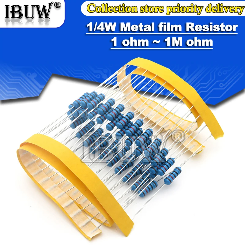 100pcs 1/4W Metal film resistor 1R~22M 1% 100R 220R 1K 1.5K 2.2K  4.7K 10K 22K 47K 100K 100 220 1K5 2K2  4K7 ohm resistance