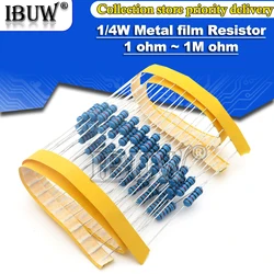 100pcs 1/4W Metal film resistor 1R~22M 1% 100R 220R 1K 1.5K 2.2K  4.7K 10K 22K 47K 100K 100 220 1K5 2K2  4K7 ohm resistance