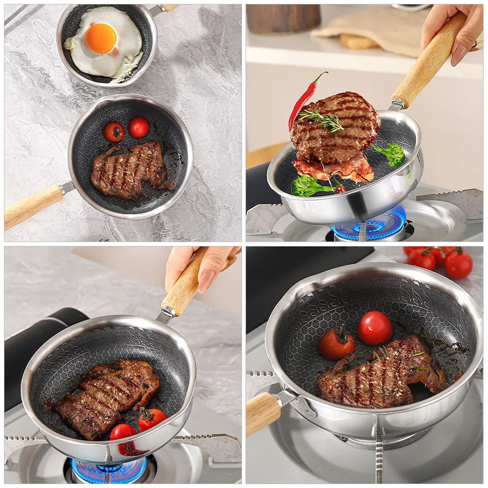 

Stainless Steel Nonstick Frying Pan Wood Handle Honeycomb Design Non Stick Skillet Kitchen Egg Steak Frypan Household Cookware