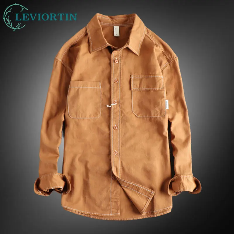 Men's Twisted Cotton Handsome Work Shirt Casual Amikaji Heavyweight Long Sleeve Button Down Cargo Shirt With Chest Pocket